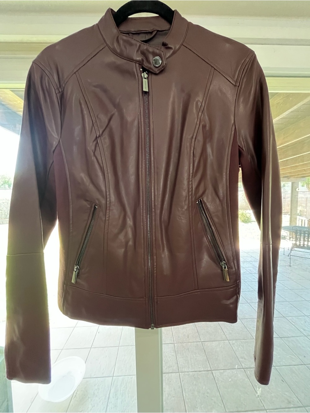 Kenneth Cole Women's Maroon Faux Leather Moto Jacket